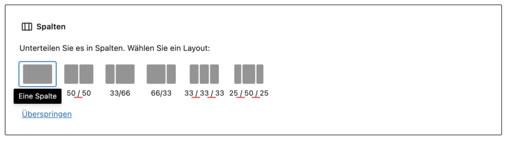 Screenshot von Spalten die man einfügen kann.